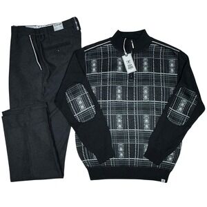 Stacy Adams Mens Quarter Zip Sweater Size L Pants 36 (34 actual) Set Black Plaid